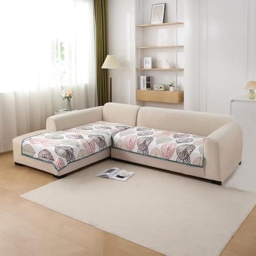 HOKIPO 'HomeHues Series' Printed Quilted L Shape (2+2 Seater) Sofa Cover Seat Mat, Multicolor Linden Leaf (IN-807-D7 + IN-808-D7)