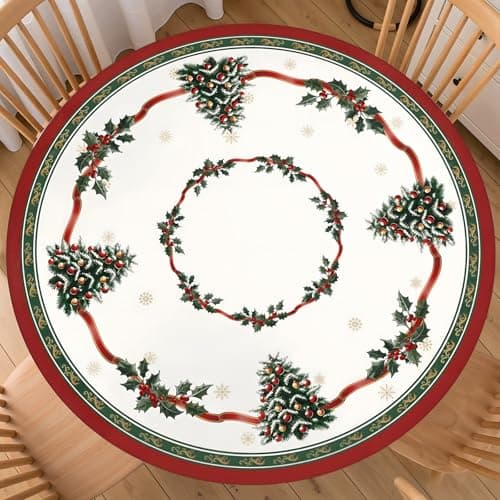 ABSOP Christmas Round Fitted Tablecloth with Elastic Edge 40-44 Inch Winter Holly Table Cover Snowflake Tablecloth Washable Xmas Tree Table Cloth for Kitchen Dining Party Patio Picnic