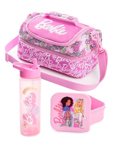 Barbie Girls Pink Lunch Bag with Bottle Snack Pot Stronger Together ZipUp Carry Set Adjustable Shoulder Strap