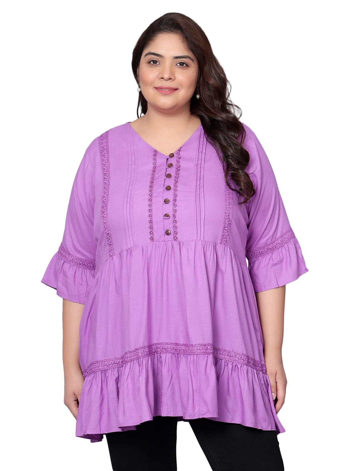 Indietoga Women's Plus Size Tiered Longline Regular Fit Tunic Top With Pockets (P10001449_Lavender Solid_2Xl)