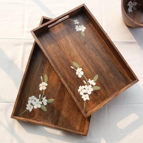 Aurum Crafts Bella Handpainted Wooden Serving Tray Set of 2 | Mango Wood Rectangular Snack & Tea Trays 16x10.5 & 18x12 Inch | for Home Kitchen Dining Café Restaurant Use