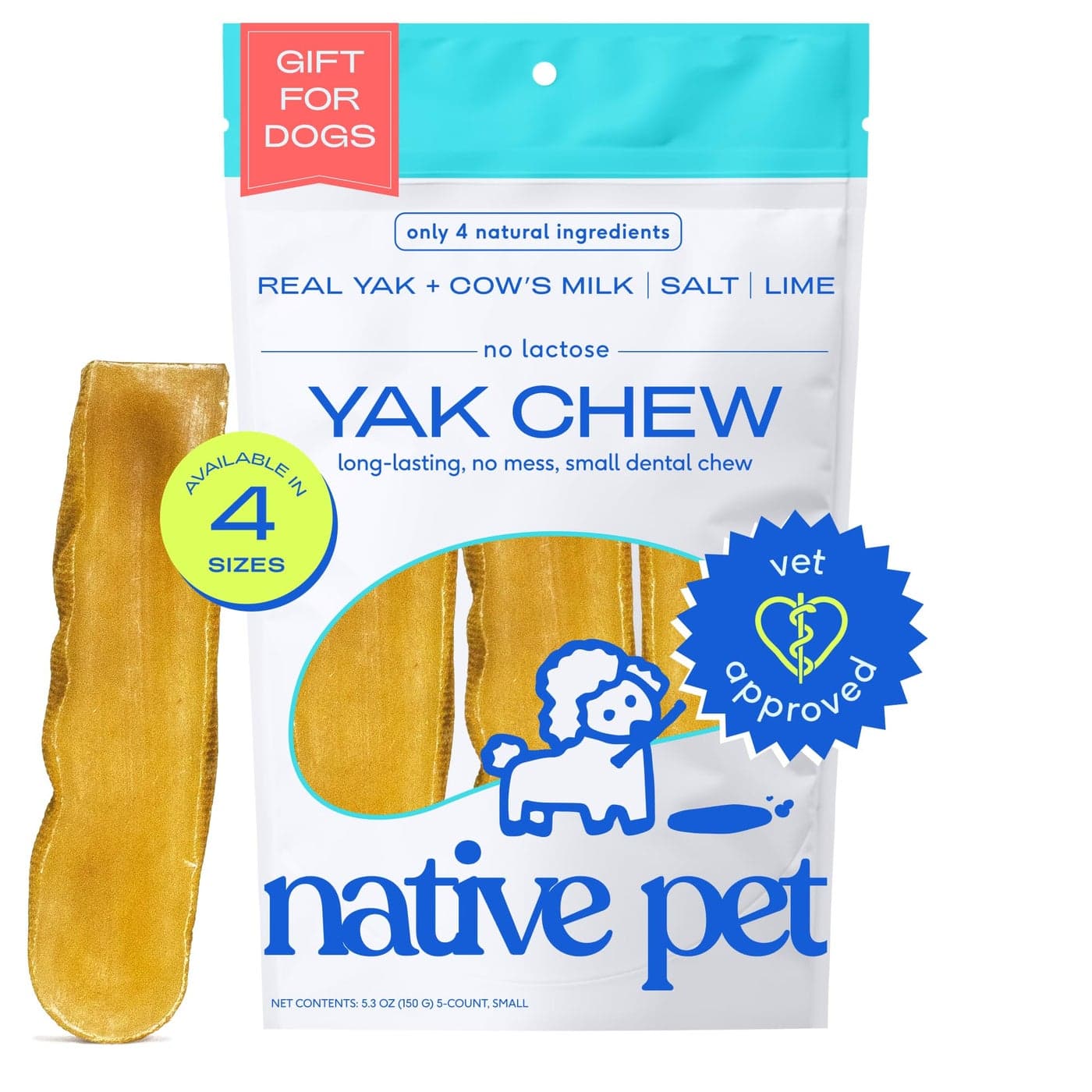 Native Pet Yak Cheese Himalayan Dog Chews - Long Lasting Dental Sticks for Small Breeds– 100% All Natural Himalayan Yak Chews for Small Dogs – Cheese Bone for Aggressive Chewers - 5 Per Pack