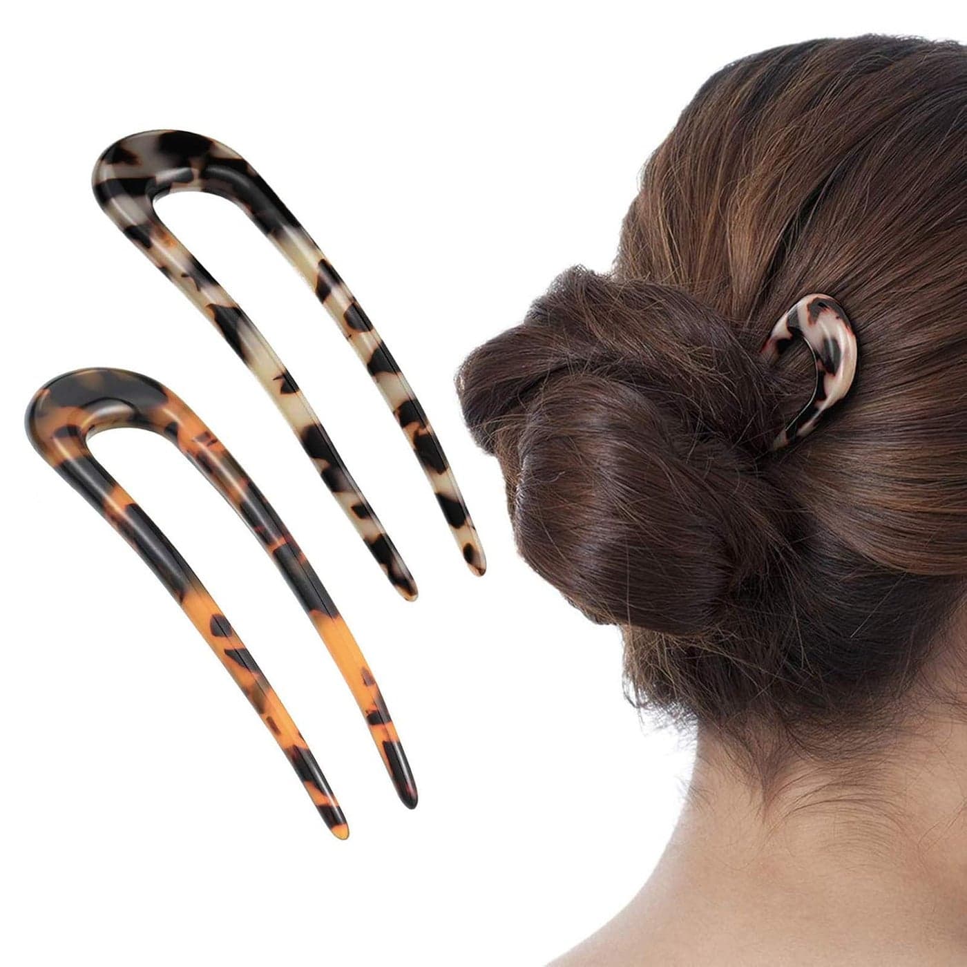 2 Pack Benefree French Style Cellulose Acetate Tortoise Shell U Shaped Hair Pins Fork 2 Prong Updo Chignon Pin for Women Girls Hairstyle AccessoriesTortoiseshell and White Tortoiseshell