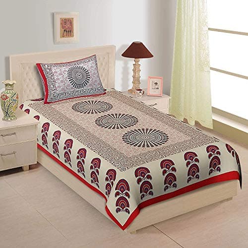 EarlyMart Comfort Rajasthani Jaipuri Traditional Sanganeri Printed 144 TC Cotton Single Size Bed Bedsheet with 1 Pillow Cover - Multicolor