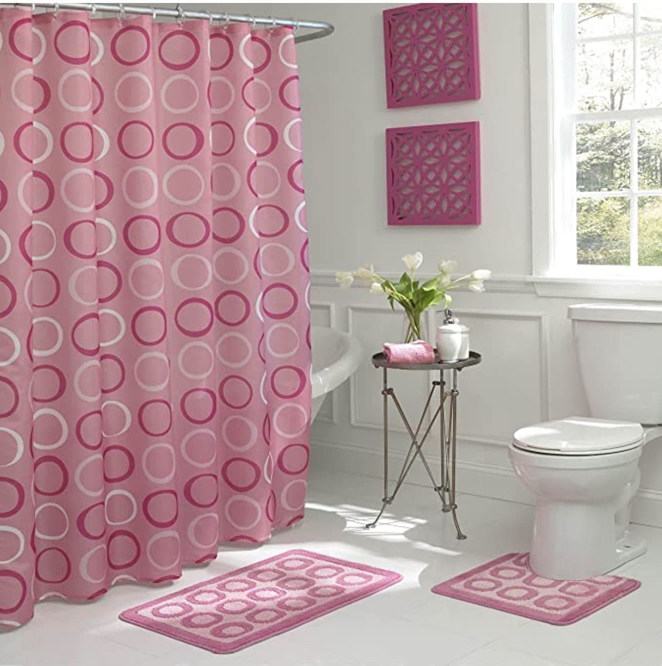 Creative Home Ideas 15-Piece Bathroom Shower Curtain Set – Set of 1 Shower Curtain & 12 Metal Hooks & 1 Bath Mat & 1 Contour Mat, Modern Bathroom Décor, Machine Washable, Terrell Dusty Rose