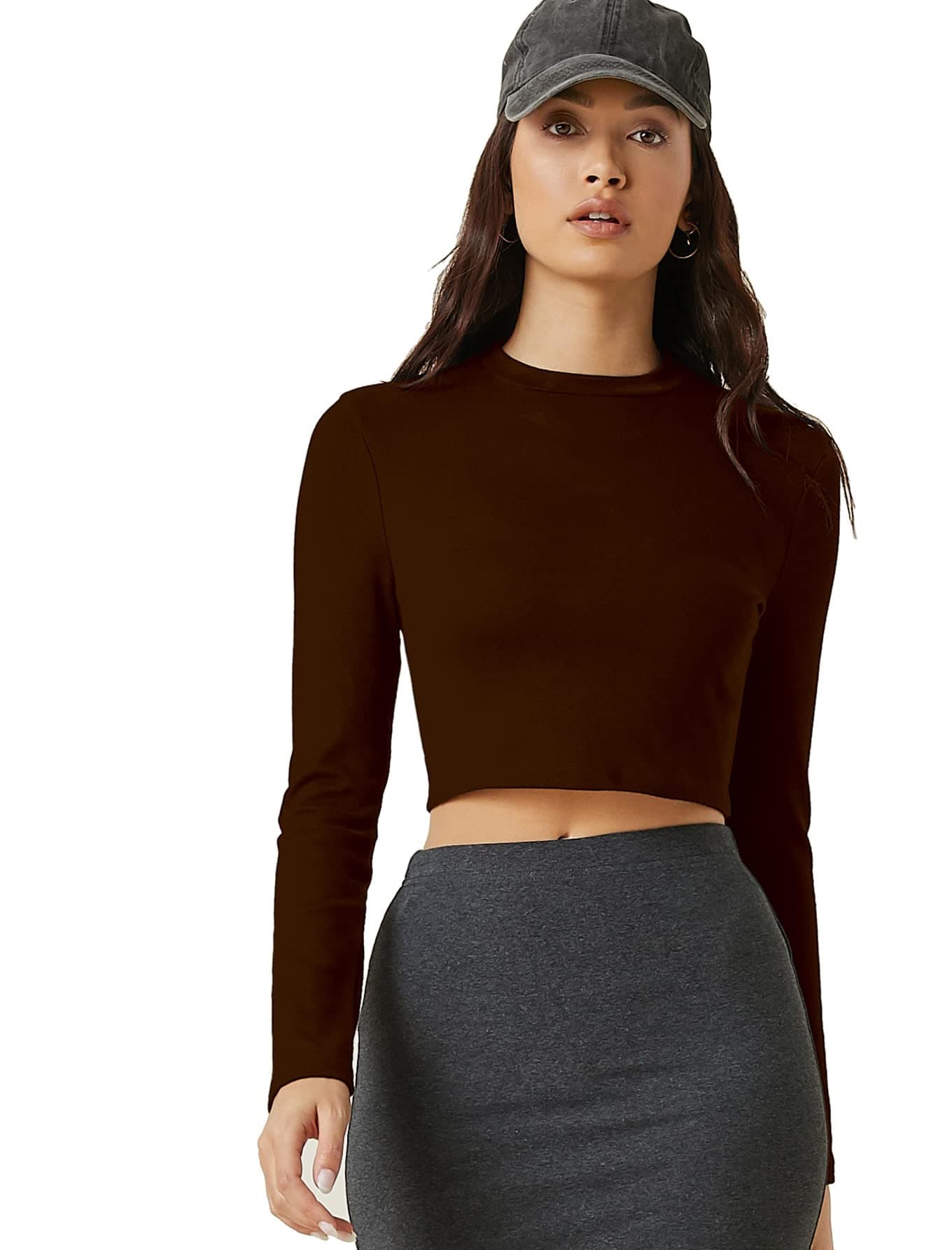 Aahwan Polyester Brown Solid Full Sleeve Slim Fit Crop Top For Women's & Girls' (159-Brown-Xs)