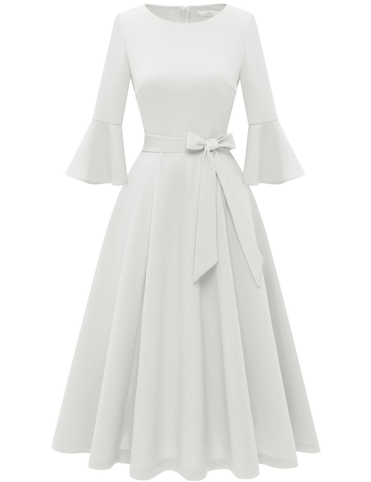 Plus Size Midi White Dresses for Women Vintage Bell Sleeve Dress Wedding Guest Dresses Prom Graduation Cocktail Formal Bridesmaid Swing Dress White 3XL