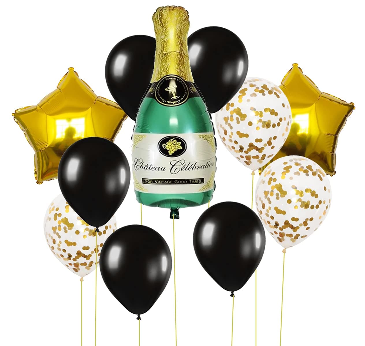AMFIN® Champagne Wine Balloon for Birthday Black Gold Stars Latex Foil Balloons Decoration for Adult