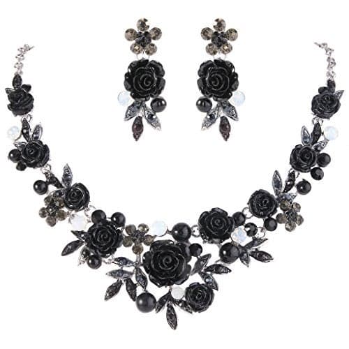EVER FAITH Women's Crystal Simulated Pearl Cool Black Rose Flower Leaf Pierced Necklace Earrings Set
