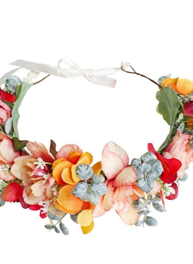 Adjustable Flower Headband Floral Crown Hair Wreath Flower Headpiece Halo Boho Party Prom Wedding Photos Orange