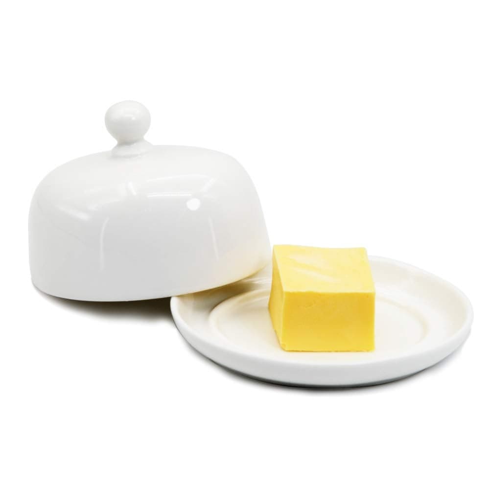 NAGU Mini Oval Butter Dish with Lid White Procelain Domed Cheese Dish with Handle Individual Serving Small Butter Tray Cute Ceramic Dessert Serving Bowl for Table Countertop Refrigerator