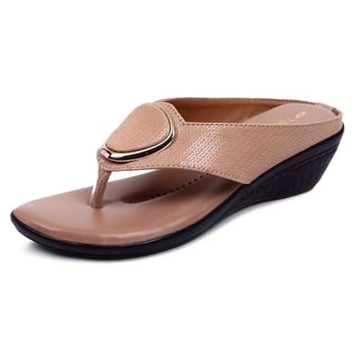 TRASE Women's Fashion Sandal | Faux Leather, Comfortable & Stylish Wedges | Ideal for Casual & Formal Occasions 2 inches heel - 43070, Beige, 4 UK