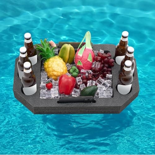 Qinyoung Large Floating Drink Holder Black Floating Refreshment Table Tray Compartment Portable Floating Pool Tray for Swimming Pool Accessories Hot Tub Beach and Party Decor (Octagon Six Holes)