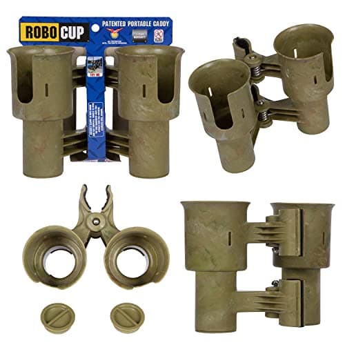 ROBOCUP, (Camo), Patented Boat Cup Holder, Clamp on Portable Storage Caddy Securely Holds 2 Drinks, Fishing Poles, Tools, Marine Gear | Perfect for Boating, Beach Umbrellas, Golf Carts