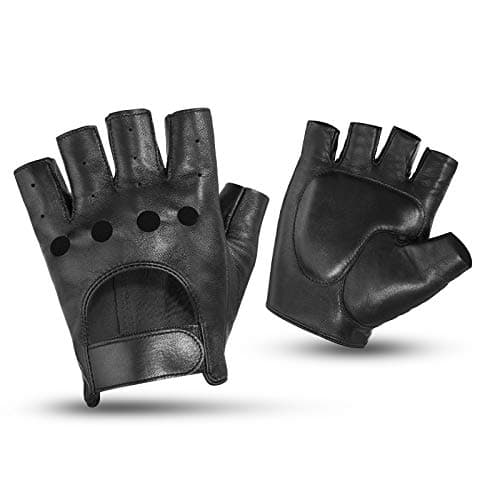 KEMIMOTO Fingerless Gloves Motorcycle Driver Gloves Sheepskin Leather for Men Motorbike Riding Driving Half Finger Unlined Glove for Men Women Black Medium