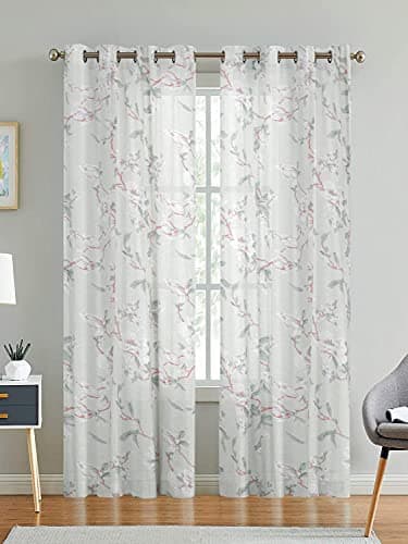 LINENWALAS Decorative Printed Cotton Sheer Long Curtains Set of 2 Panel, Grommet Hanging, Floral Printed Window Curtains for Living Room, Balcony, Home Decor (L-6.5 x W-4.5 Feet, Petal Bloom), White