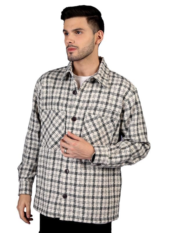 CHKOKKO Men Winter Shacket Stylish Flannel Plaid Jacket Shirt White Black S