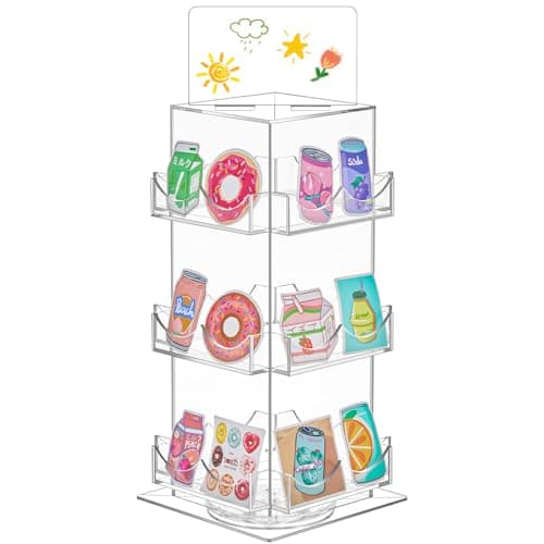 Marsui Sticker Display Stand, 3 Tier Rotating 4 Sided Sticker Holder, 360° Rotating No Assembly Required Clear Acrylic for Bookmark, Stickers, Greeting Card for Vendors(12.6 x 5.9 x 5.9 Inches)