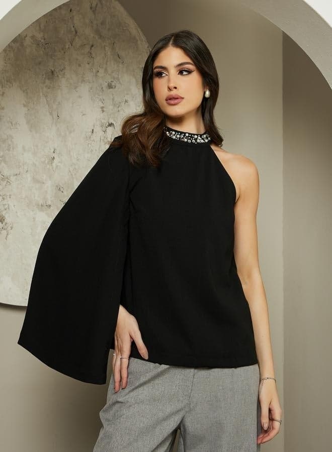 Embellished One Cape Sleeve Halter Neck Blouse