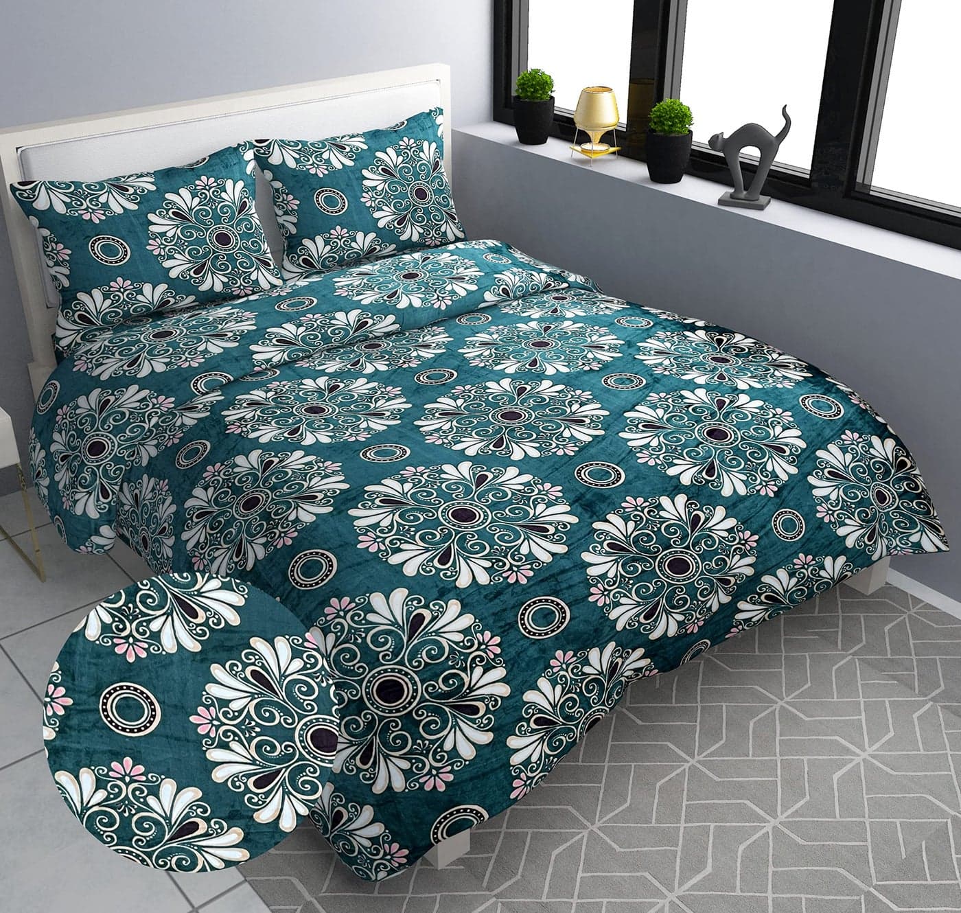 DECOMIZER Fleece Flannel Winter King Size Warm Double Bedsheet with 2 Pillow Covers || Warm Bed Sheet for Winter (King - 90x100 Inches, Color- Green Damas)