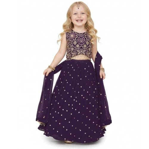 A.T.U.N. (ALL THINGS UBER NICE) Zardozi Thread Work Embroidered 3 Piece Crinkled Lehenga Set with Dupatta and Padded Choli Top for Girls (Unstitched Sleeves Included) | Designer Festive Ethnic Wear