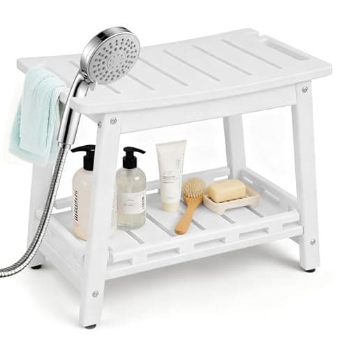 Chormtok Large HDPE Shower Bench Seat for Shaving Legs, Waterproof Shower Stool with Storage Shelf for Bathroom, White