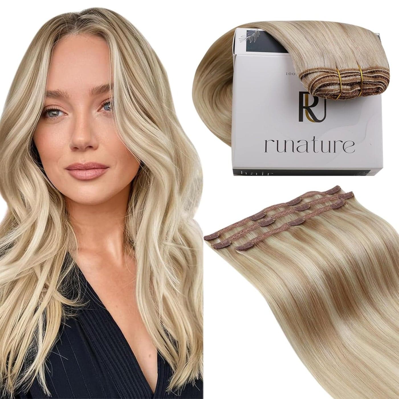 RUNATURE Blonde Clip in Hair Extensions Real Human Hair Real Human Hair Clip in Extenisons for Women Straight Natural Hair 20 Inch 50g 3pcs 18P60 Ash Blonde Highlights