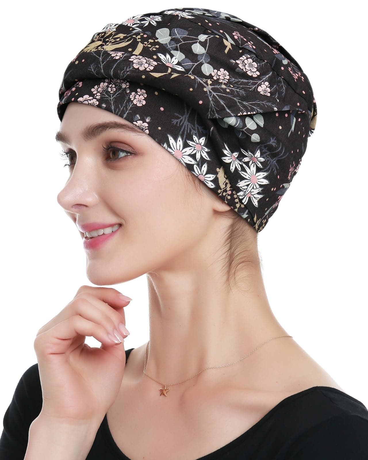 Alnorm Lightweight Chemo Headwear for Summer, Spring and Fall Black Floral