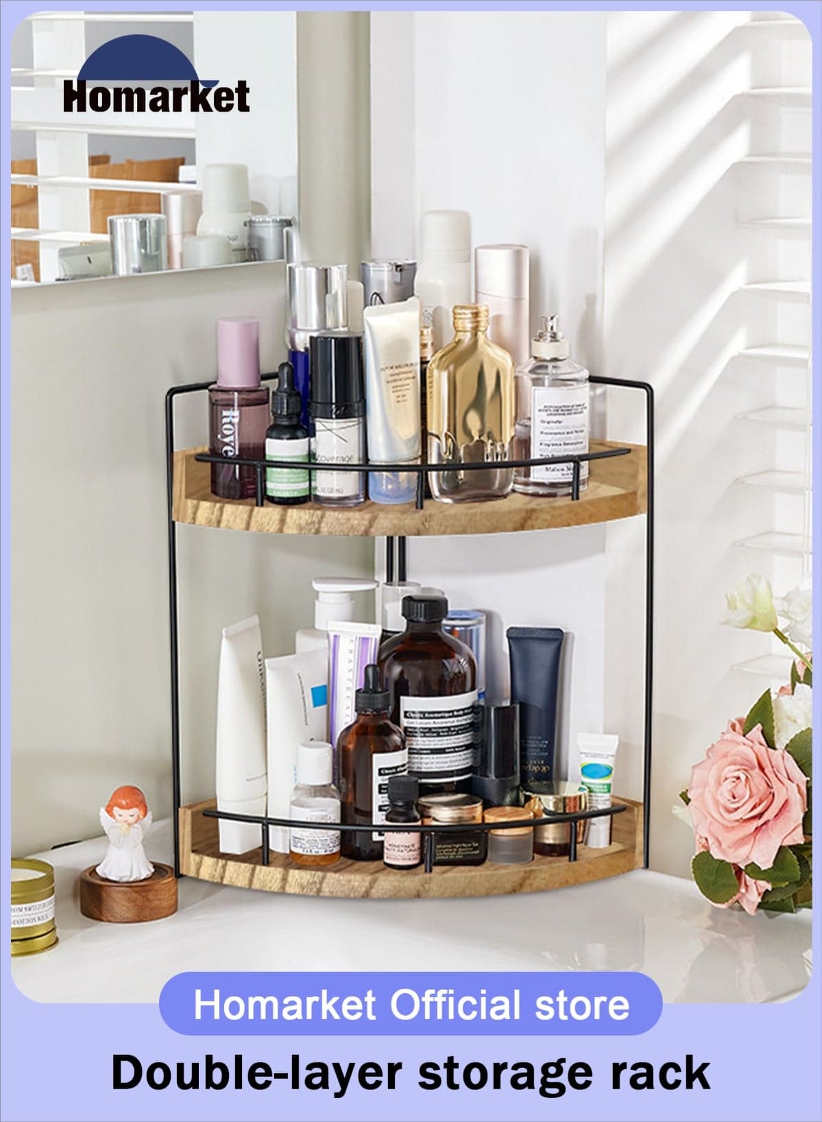 2-Tier Countertop Organizer for Bathroom Counter Stylish Wood Bathroom Vanity Organizer Shelf Corner Storage Rack - The Perfect Addition to Your Bathroom Counter Decor