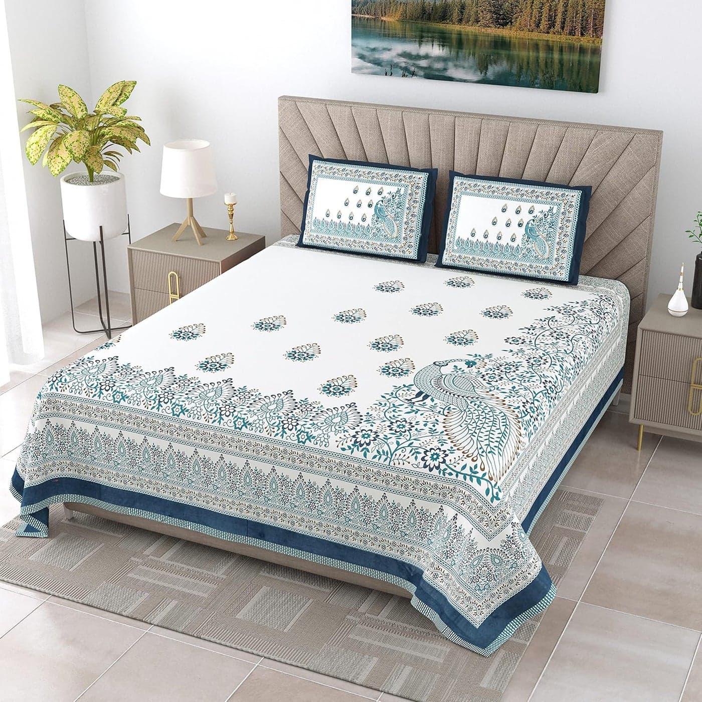 Dream Homme 300 TC 100 Cotton Bedsheet for Double Bed King Size with 2 Pillow Covers Breathable Super Soft Rajasthani Sanganeri Jaipuri Printed Bed Sheet 120 120 Inches Peacock Blue
