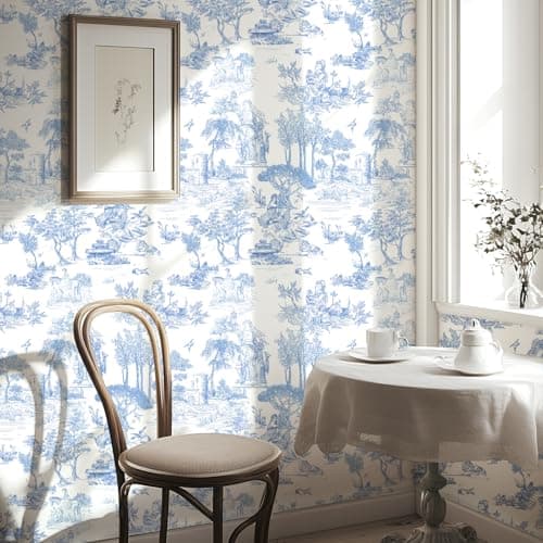WENMER Toile Wallpaper 177 X 197 Blue and White Peel and Stick Wall Paper Toile de Jouy Wallpaper French Vintage Contact Paper for Bedroom Walls Backdrop Cabinet Home Decor