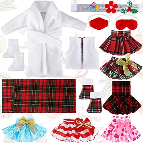 Sumind 14 Pieces Christmas Doll on Clothes Accessories Outfits Set Including Skirts Bathrobe Sleeping Bag Fluffy Vest Shirt Scarf Eye Cover and Boots for Xmas Doll DecorCute Style