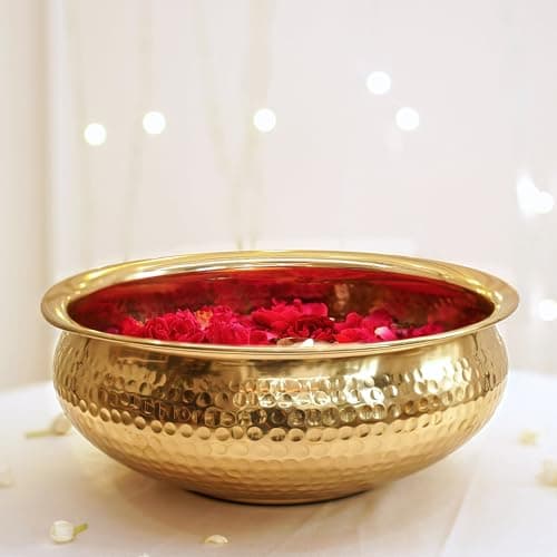 BEHOMA Classic Golden Aluminium Hammered 10" inch Urli | Navratri Durga Puja Indoor Outdoor Center Table Flower Decorative Bowl | Urali for Haldi, Mehandi, Wedding & Home Decor, Brass Finish 1Pc, 2l