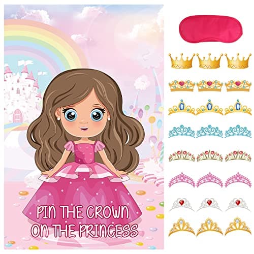 Hooqict Pin The Crown on The Princess Party Games for Kids Girls Princess Birthday Party Decorations Tea Party Favors Supplies Large Pin The Tail Games Poster with 24 Crown Stickers