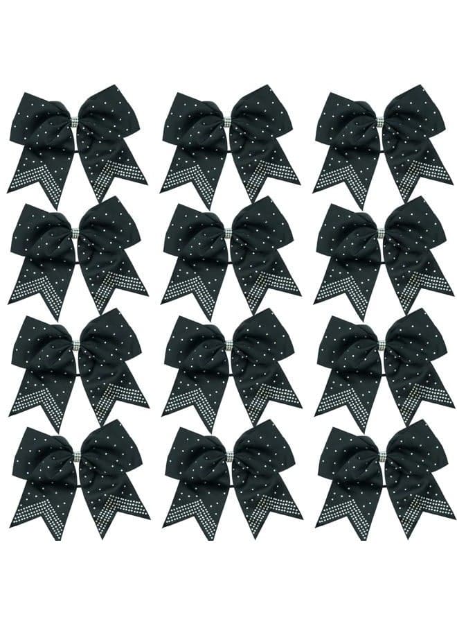 12PCS 8" Rhinestones Large Cheer Hair Bows for Girls, Hand-made Grosgrain Ribbon Hair Accessories for Teen Girls Softball Cheerleader Sport (Black)
