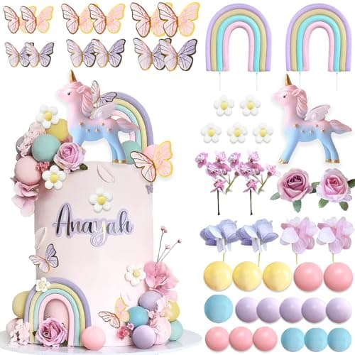 55Pcs Unicorn Cake Topper Rainbow Unicorn Flower Cake Decorations with Pearl Balls Butterflies Cake Toppers for Girls Kids Women Birthday Party Groovy Boho Rainbow Unicorn Party Supplies