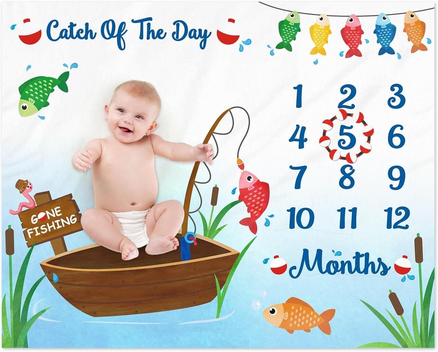 Gone Fishing Baby Monthly Milestone Blanket Little Fisherman Bobber Photo Prop Ideas for Newborn Boy Girl Nursery Dcor 40 X 50