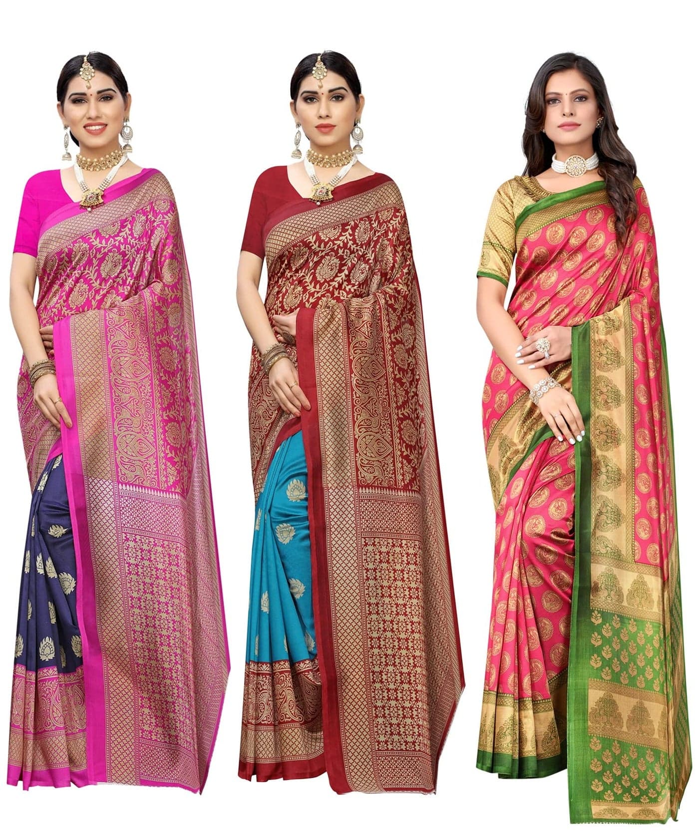 Yashika Women's Combo Art Silk Saree with Blouse Piece-Pack of 3 Navy-Metro RAMA-ALIFA Pink Multicolor-10