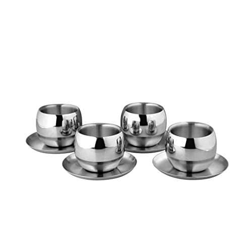 Shri & Sam High Grade Stainless Steel Double Wall Cup and Saucer 4 Pcs, Size - 6.7 Each