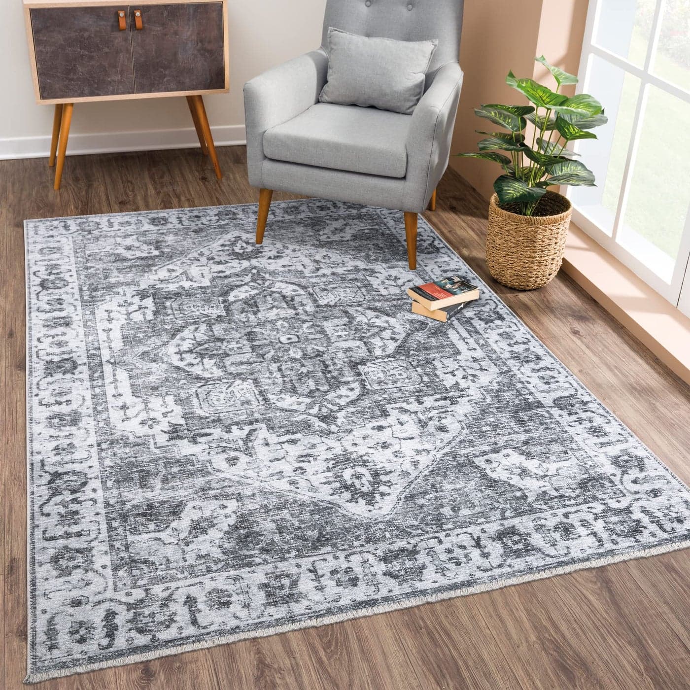 Bloom Rugs Caria Washable NonSlip 5x7 Rug SilverDark Gray Traditional Area Rug for Living Room Bedroom Dining Room and Kitchen Exact Size 5 x 7