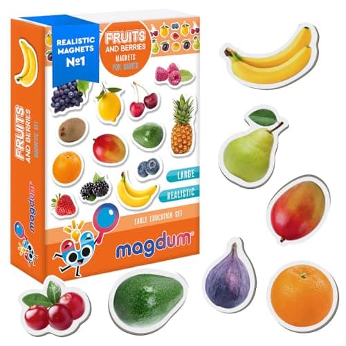 MAGDUM PHOTO FRUITs&Berries - magnets for kitchen -real LARGE fridge magnets for toddlers- Magnetic EDUcational toys baby 3 year old baby - LEARNing magnets for kids- Kid magnets - Development toys