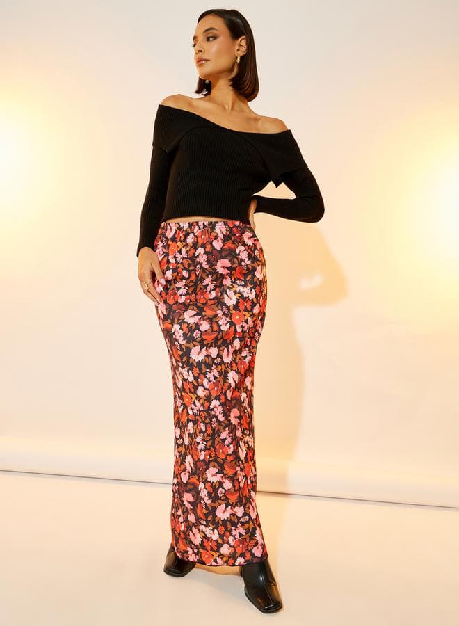 All-Over Floral Print Maxi Skirt — M