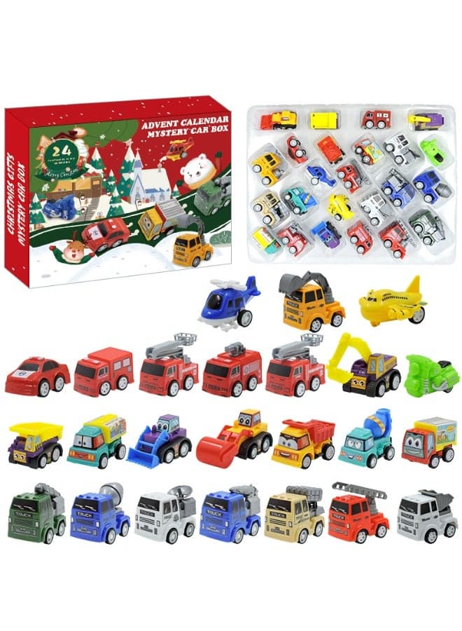 24PCS Holiday Advent Calendar Blind Box Pull Back Alloy Cars Set , Fire Truck Police Car Construction Vehicle Toys , Surprise Gift For Kids Boys Girls ,Open One Daily Behind Each Number Of Pull Back Alloy Cars,35*4.5*27 cm