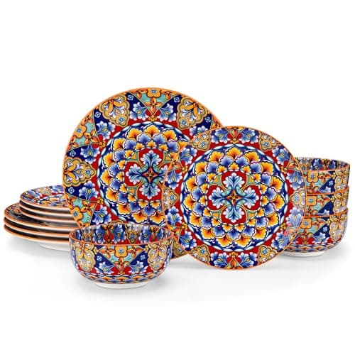 vancasso 12 Pieces Dinnerware Sets, Orange Plates and Bowls Set, Porcelain Dishes Set for 4, Microwave and Dishwasher Safe, Scratch Resistant, Bohemian Style Dining Ware Service for 4, Series SIMI