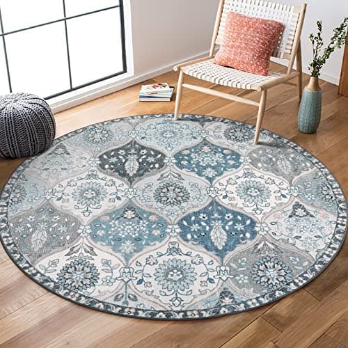 Lahome Moroccan Trellis Round Area Rugs, Washable Small Round Rug 3ft Non-Slip, Soft Vintage Ultra-Thin Circle Carpet for Bedroom Entryway Kitchen Laundry Bathroom, Blue