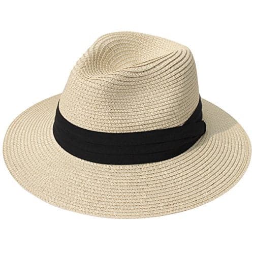 Lanzom Women Wide Brim Straw Panama Roll up Hat Fedora Beach Sun Hat UPF50+(Khaki,Large-X-Large)