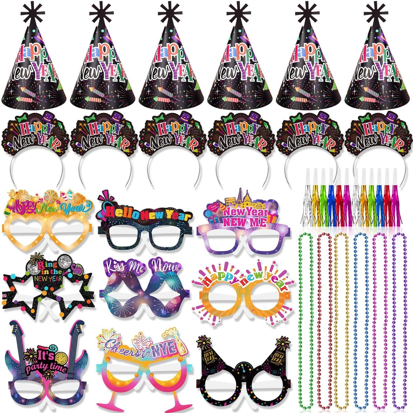HOWAF 2026 New Year Eve Party Supplies Happy New Year Tiaras Headband 2026 New Year Glasses Top Hats Fringed Noisemaker and Necklace Black and Colorful New Years Eve Party Favors