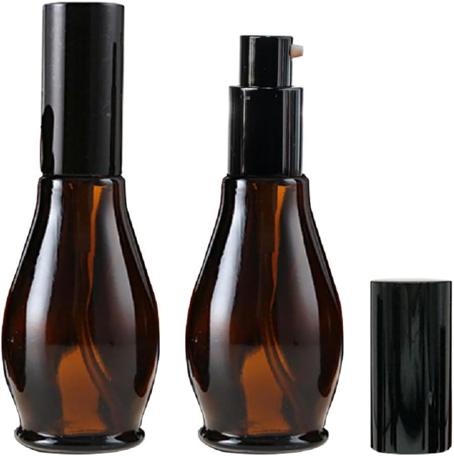2Pcs 100ml/3.3oz Empty Refillable Amber Gourd Shaped Glass Lotion Pump Bottles with Black Press Top Cosmetic Dispenser Jar Sample Vials Storage Container for Essential Oil Emulsion