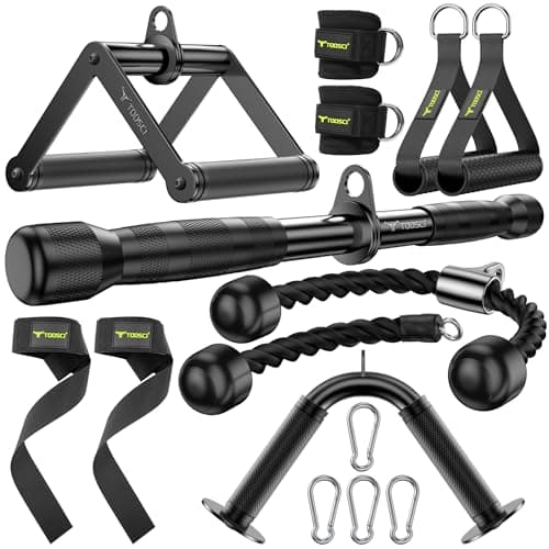 Toosci Cable Attachments for Gym, LAT Pulldown & Cable Machine Attachment Set: V-Shaped Bar, Rotating Straight Bar, V Rotation Handle, Nylon Tricep Rope, Ankle Straps & Handles, Home Gym