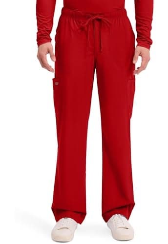 Cherokee Scrubs for Men Tapered Leg Cargo Scrub Pants with Zip Fly, 5 Pockets Elastic Waist 2-Way Stretch & Easy Care - WW190, M Tall, Red